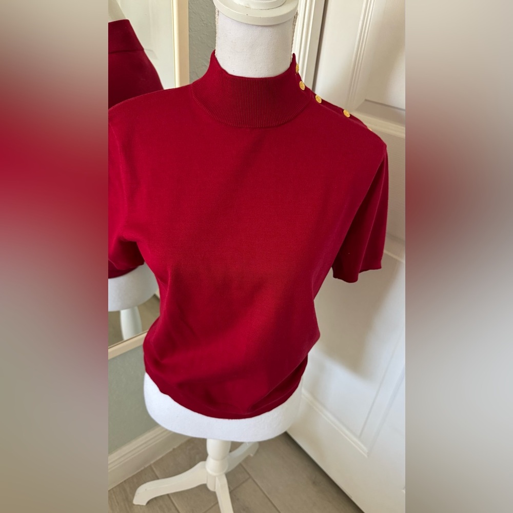 Lauren Ralph Lauren Silk Blend Sweater Gold Button Shoulder Red Sz PM